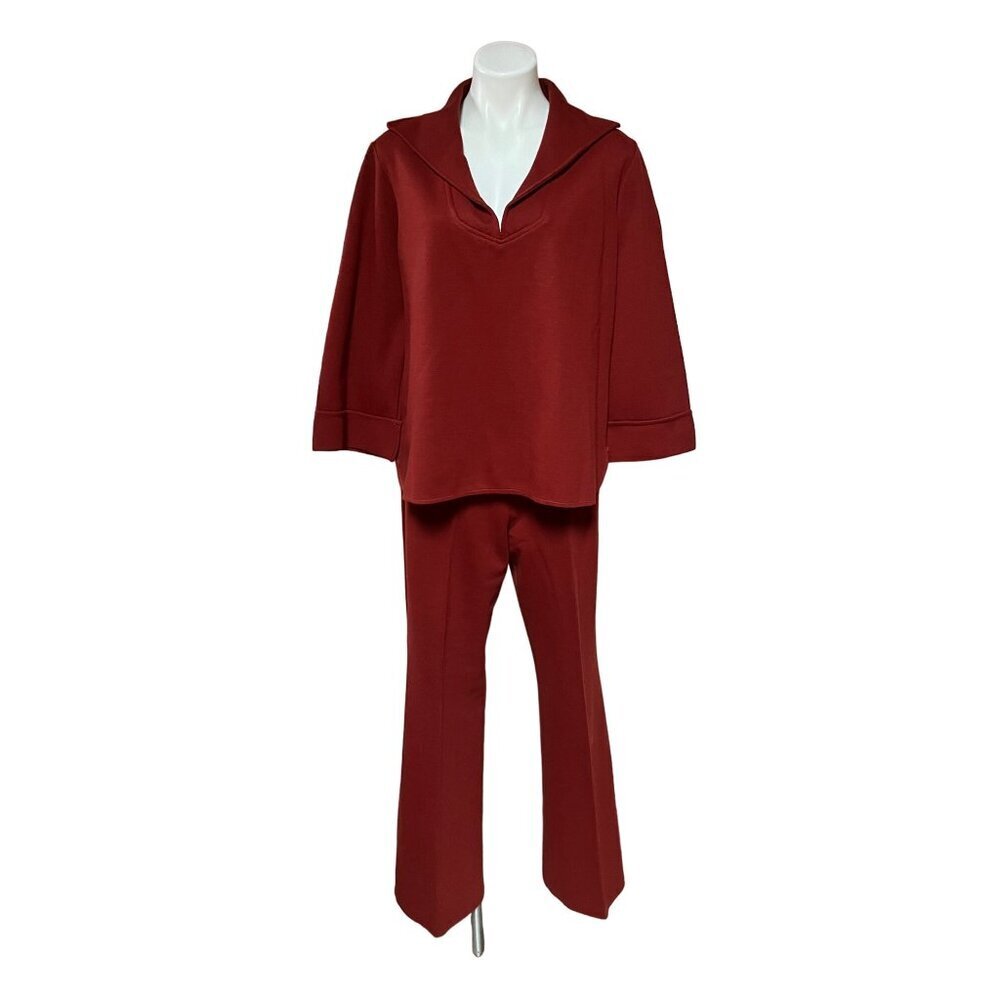 1970s Vintage Polyester Leisure Suit Pants Set Rust Color Bell Sleeve Wide Leg - Picture 2 of 12